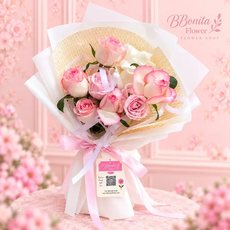 pink and white rose bouquet